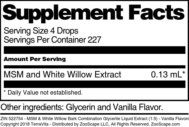 MSM & White Willow Bark Combination Glycerite Liquid Extract (1:5) - Supplement / Nutrition Facts