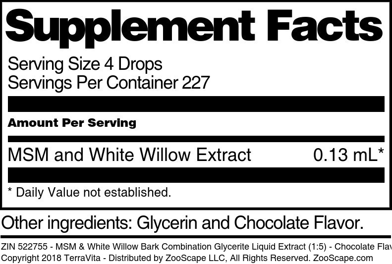 MSM & White Willow Bark Combination Glycerite Liquid Extract (1:5) - Supplement / Nutrition Facts