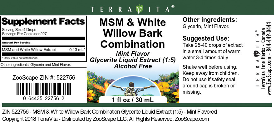 MSM & White Willow Bark Combination Glycerite Liquid Extract (1:5) - Label