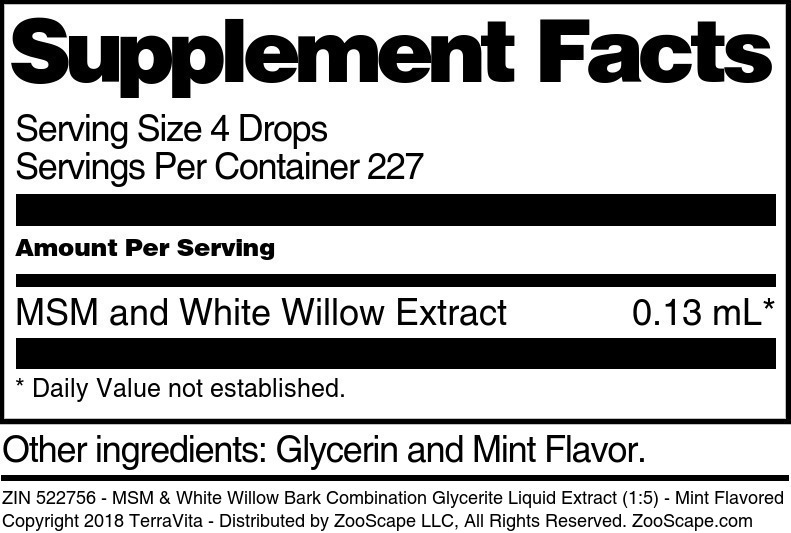 MSM & White Willow Bark Combination Glycerite Liquid Extract (1:5) - Supplement / Nutrition Facts