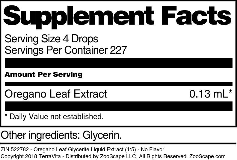 Oregano Leaf Glycerite Liquid Extract (1:5) - Supplement / Nutrition Facts