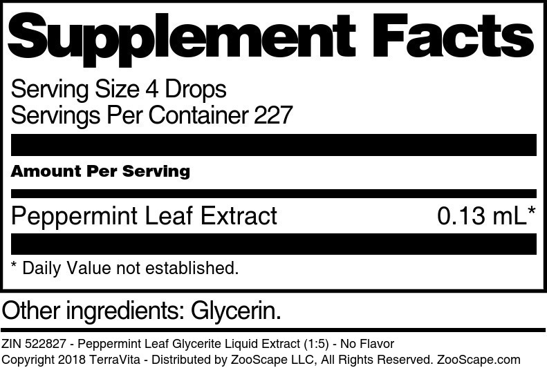Peppermint Leaf Glycerite Liquid Extract (1:5) - Supplement / Nutrition Facts