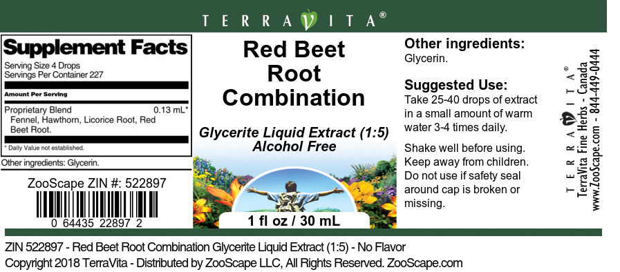 Red Beet Root Combination Glycerite Liquid Extract (1:5) - Label