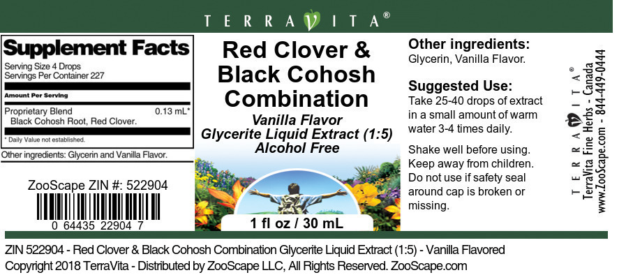 Red Clover & Black Cohosh Combination Glycerite Liquid Extract (1:5) - Label