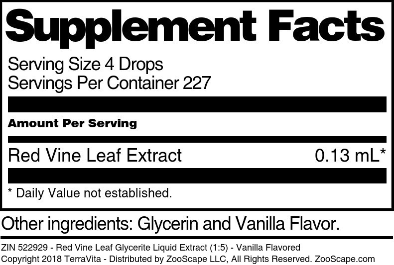 Red Vine Leaf Glycerite Liquid Extract (1:5) - Supplement / Nutrition Facts