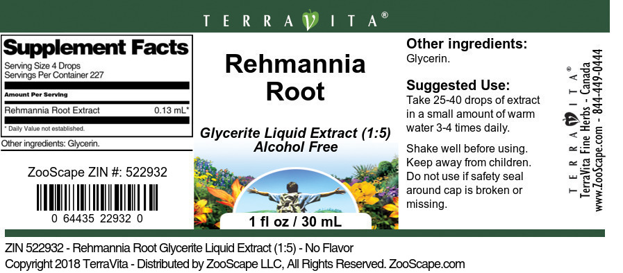 Rehmannia Root Glycerite Liquid Extract (1:5) - Label