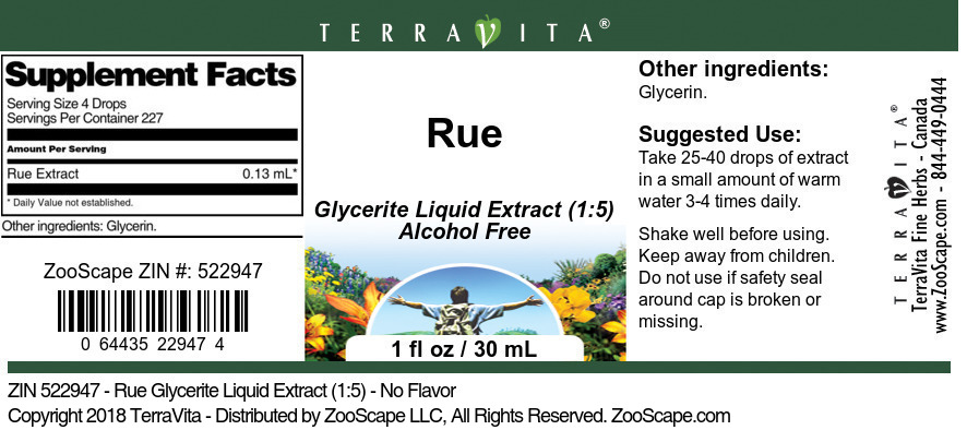 Rue Glycerite Liquid Extract (1:5) - Label