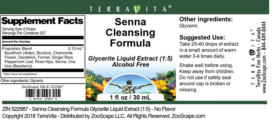 Senna Cleansing Formula Glycerite Liquid Extract (1:5) - Label