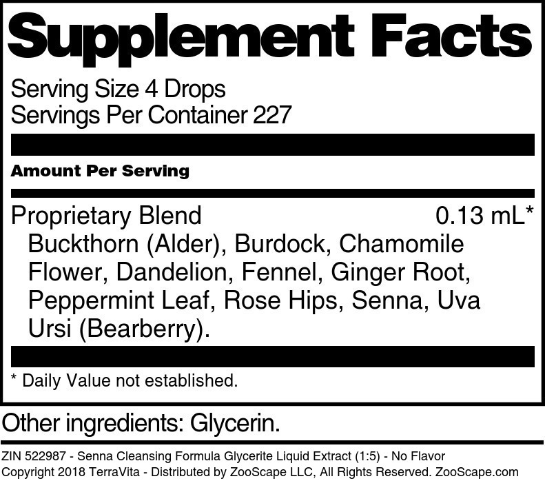 Senna Cleansing Formula Glycerite Liquid Extract (1:5) - Supplement / Nutrition Facts