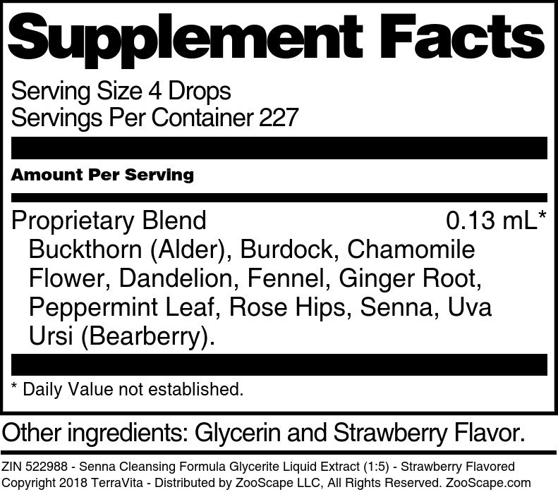 Senna Cleansing Formula Glycerite Liquid Extract (1:5) - Supplement / Nutrition Facts