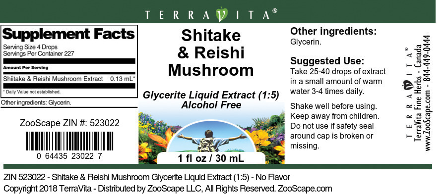 Shitake & Reishi Mushroom Glycerite Liquid Extract (1:5) - Label