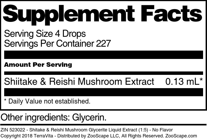 Shitake & Reishi Mushroom Glycerite Liquid Extract (1:5) - Supplement / Nutrition Facts