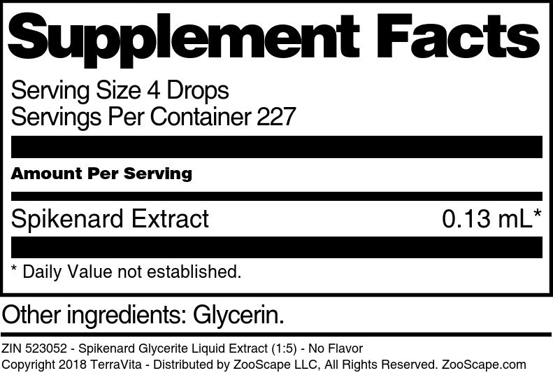 Spikenard Glycerite Liquid Extract (1:5) - Supplement / Nutrition Facts