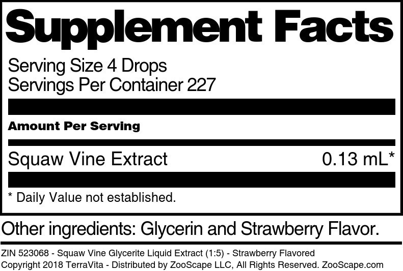 Squaw Vine Glycerite Liquid Extract (1:5) - Supplement / Nutrition Facts