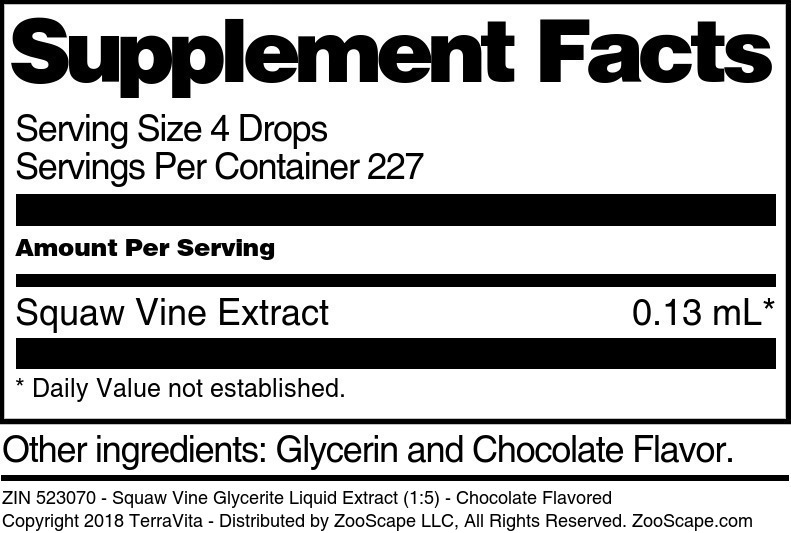 Squaw Vine Glycerite Liquid Extract (1:5) - Supplement / Nutrition Facts