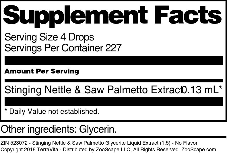 Stinging Nettle & Saw Palmetto Glycerite Liquid Extract (1:5) - Supplement / Nutrition Facts