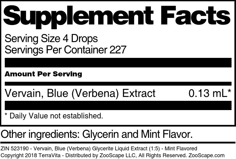 Vervain, Blue (Verbena) Glycerite Liquid Extract (1:5) - Supplement / Nutrition Facts