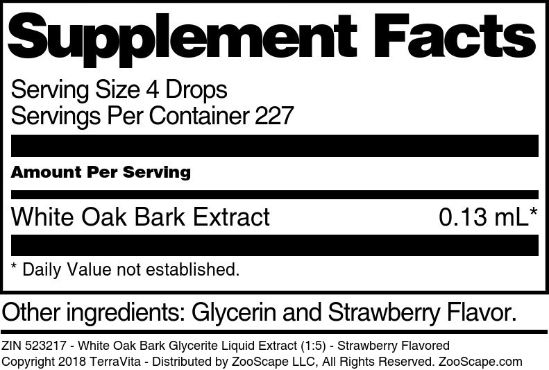 White Oak Bark Glycerite Liquid Extract (1:5) - Supplement / Nutrition Facts