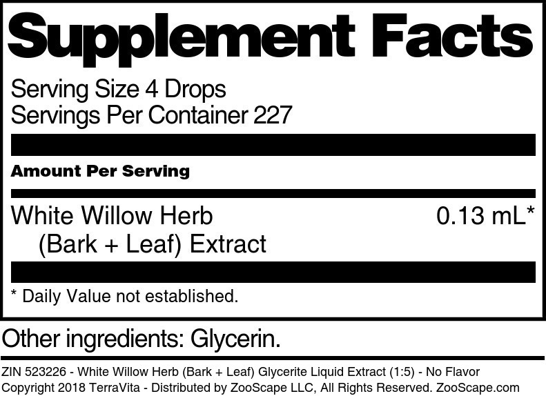 White Willow Herb (Bark + Leaf) Glycerite Liquid Extract (1:5) - Supplement / Nutrition Facts