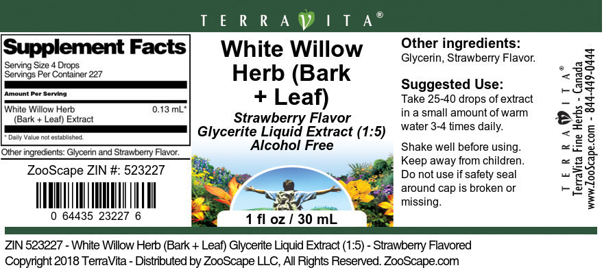 White Willow Herb (Bark + Leaf) Glycerite Liquid Extract (1:5) - Label