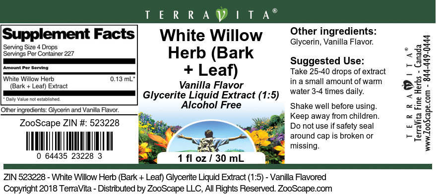 White Willow Herb (Bark + Leaf) Glycerite Liquid Extract (1:5) - Label