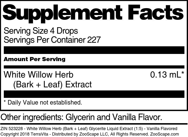 White Willow Herb (Bark + Leaf) Glycerite Liquid Extract (1:5) - Supplement / Nutrition Facts