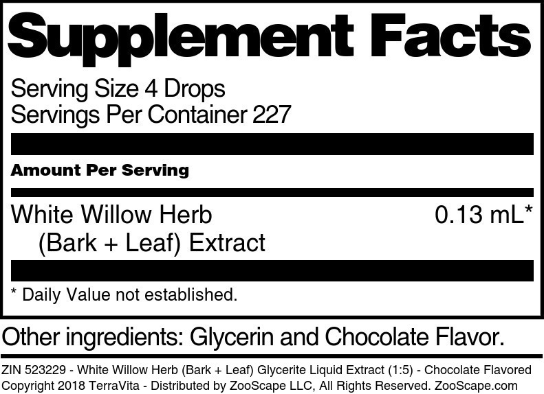 White Willow Herb (Bark + Leaf) Glycerite Liquid Extract (1:5) - Supplement / Nutrition Facts