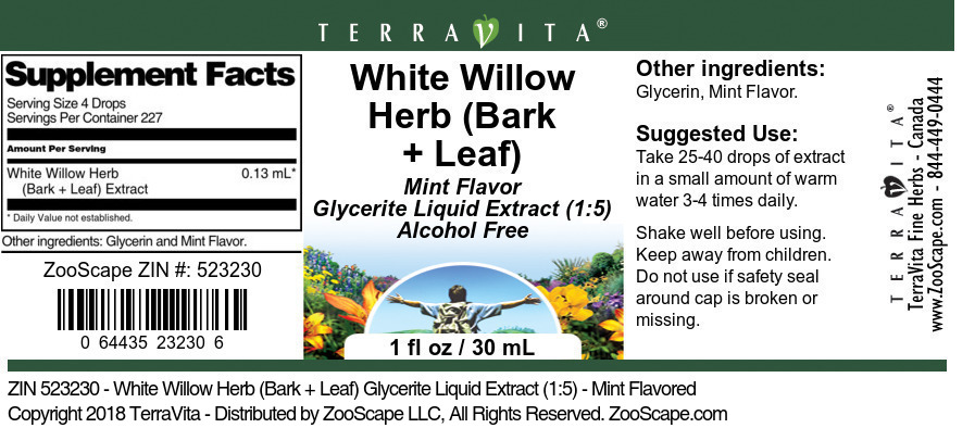 White Willow Herb (Bark + Leaf) Glycerite Liquid Extract (1:5) - Label