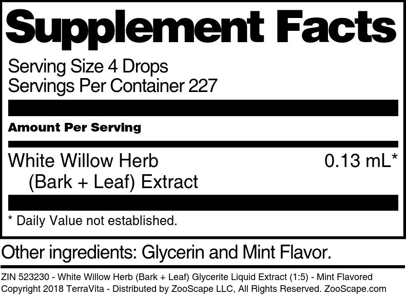 White Willow Herb (Bark + Leaf) Glycerite Liquid Extract (1:5) - Supplement / Nutrition Facts