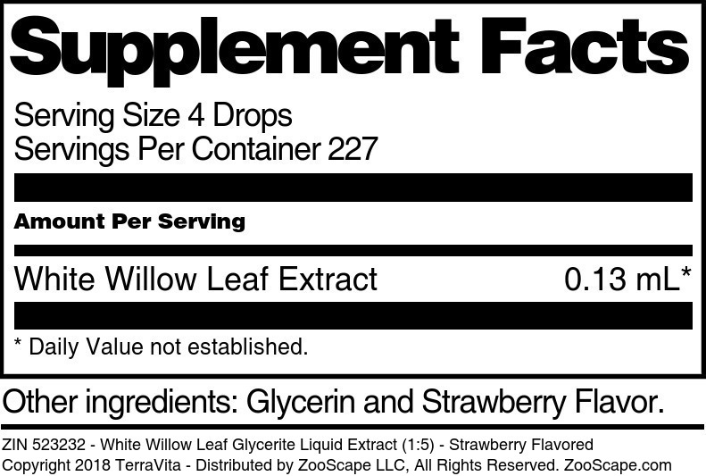 White Willow Leaf Glycerite Liquid Extract (1:5) - Supplement / Nutrition Facts