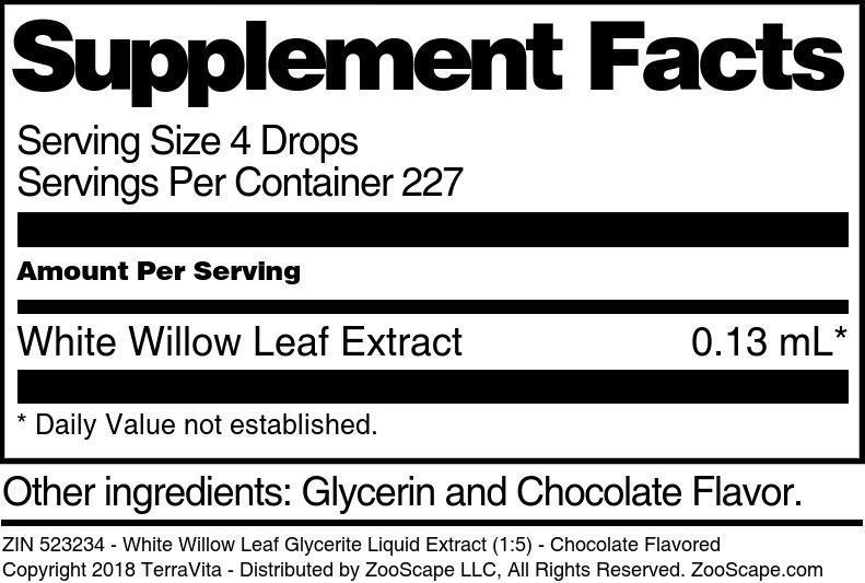 White Willow Leaf Glycerite Liquid Extract (1:5) - Supplement / Nutrition Facts