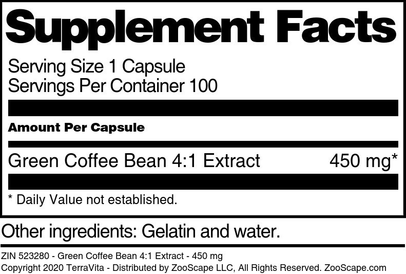 Green Coffee Bean 4:1 Extract - 450 mg - Supplement / Nutrition Facts
