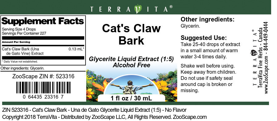 Cat's Claw Bark - Una de Gato Glycerite Liquid Extract (1:5) - Label