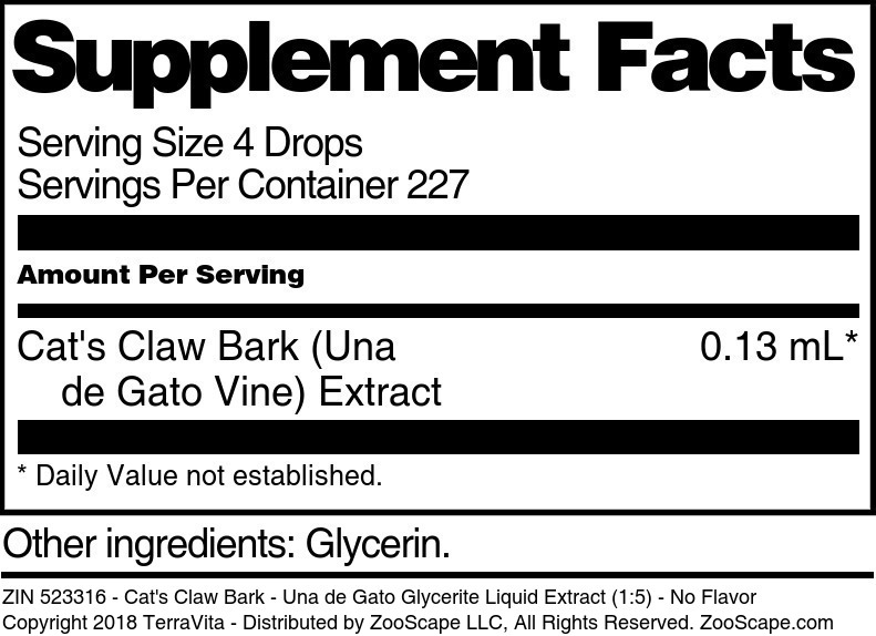 Cat's Claw Bark - Una de Gato Glycerite Liquid Extract (1:5) - Supplement / Nutrition Facts