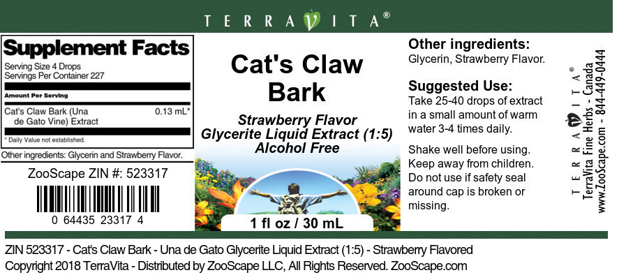 Cat's Claw Bark - Una de Gato Glycerite Liquid Extract (1:5) - Label