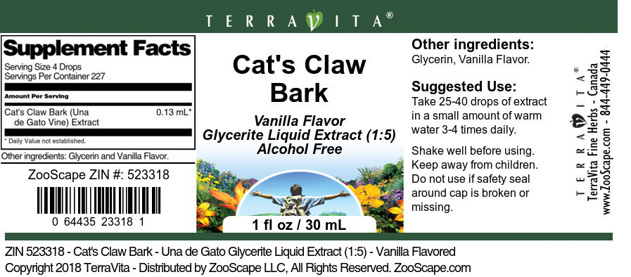 Cat's Claw Bark - Una de Gato Glycerite Liquid Extract (1:5) - Label