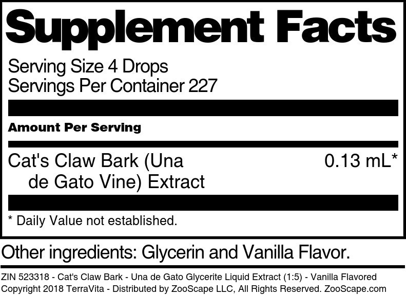 Cat's Claw Bark - Una de Gato Glycerite Liquid Extract (1:5) - Supplement / Nutrition Facts