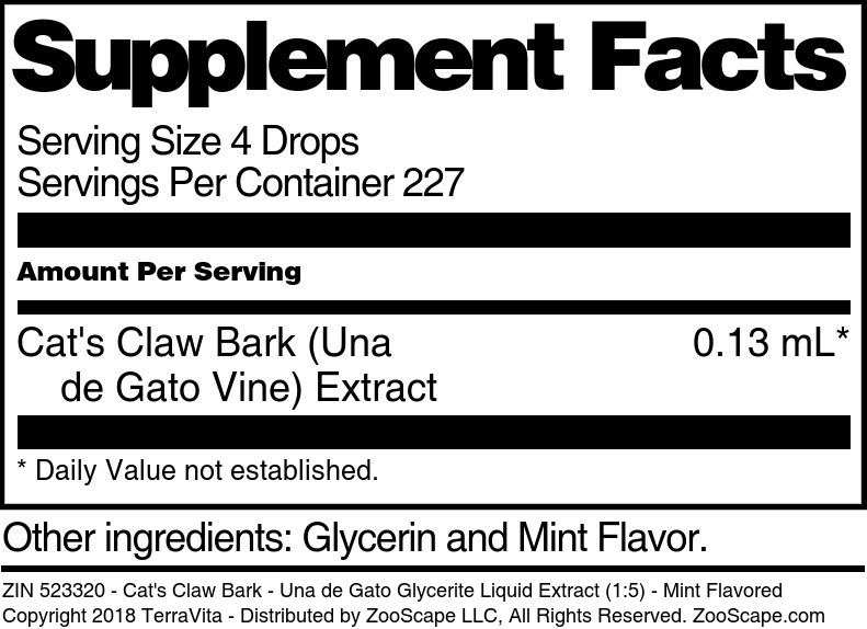 Cat's Claw Bark - Una de Gato Glycerite Liquid Extract (1:5) - Supplement / Nutrition Facts