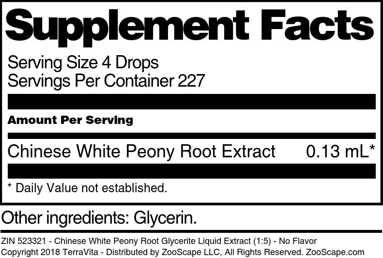 Chinese White Peony Root Glycerite Liquid Extract (1:5) - Supplement / Nutrition Facts