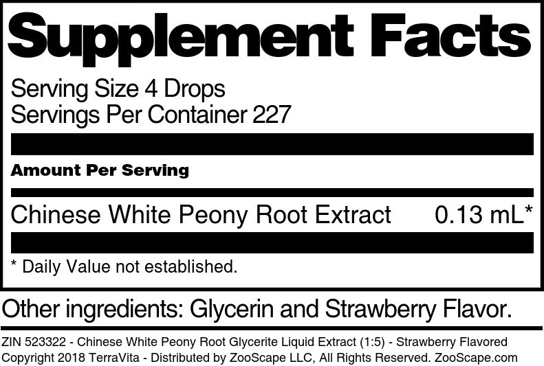 Chinese White Peony Root Glycerite Liquid Extract (1:5) - Supplement / Nutrition Facts