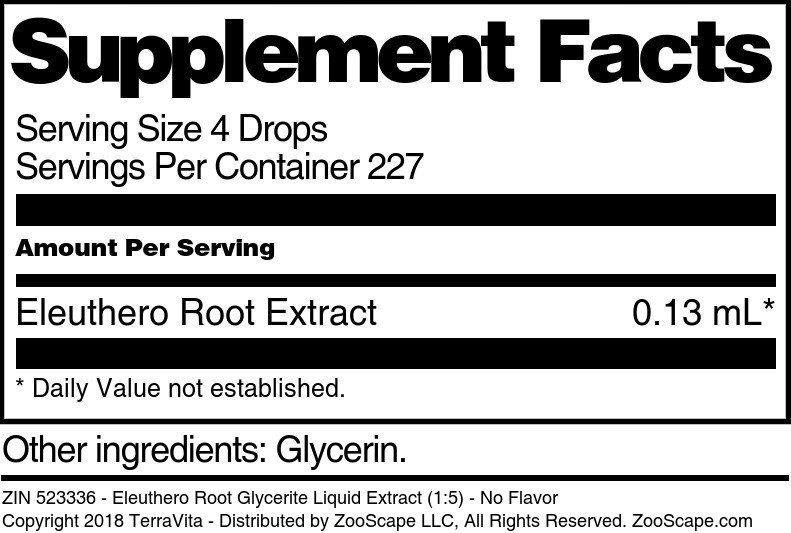 Eleuthero Root Glycerite Liquid Extract (1:5) - Supplement / Nutrition Facts