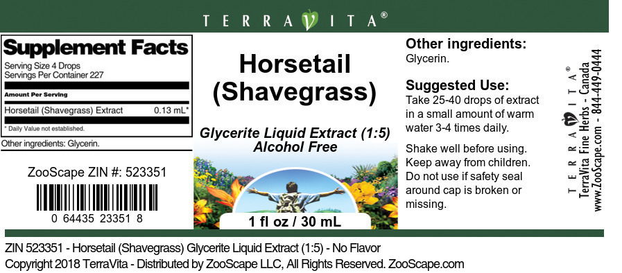 Horsetail (Shavegrass) Glycerite Liquid Extract (1:5) - Label