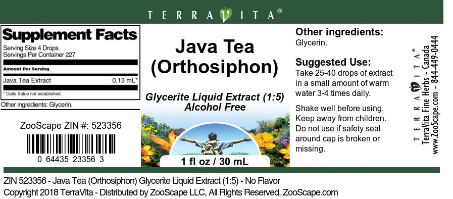 Java Tea (Orthosiphon) Glycerite Liquid Extract (1:5) - Label