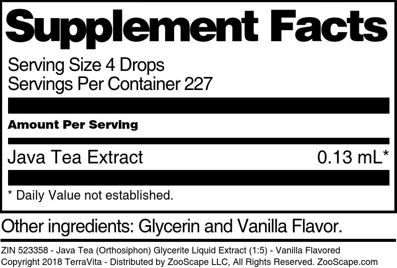 Java Tea (Orthosiphon) Glycerite Liquid Extract (1:5) - Supplement / Nutrition Facts