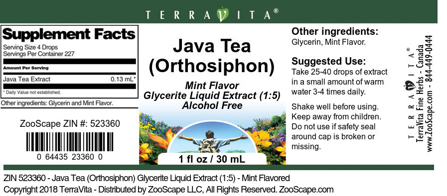 Java Tea (Orthosiphon) Glycerite Liquid Extract (1:5) - Label