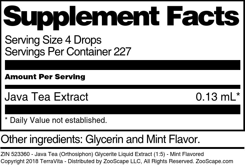 Java Tea (Orthosiphon) Glycerite Liquid Extract (1:5) - Supplement / Nutrition Facts