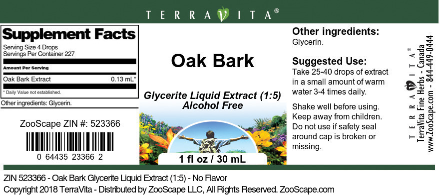 Oak Bark Glycerite Liquid Extract (1:5) - Label