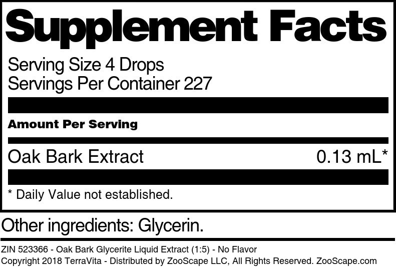 Oak Bark Glycerite Liquid Extract (1:5) - Supplement / Nutrition Facts