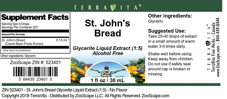 St. John's Bread Glycerite Liquid Extract (1:5) - Label