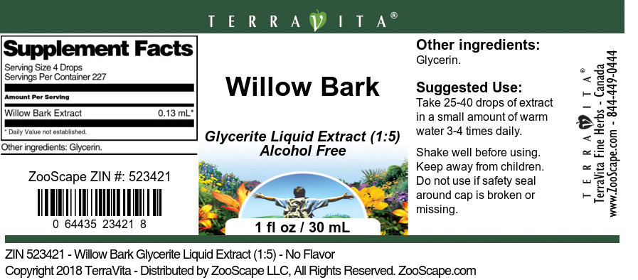 Willow Bark Glycerite Liquid Extract (1:5) - Label